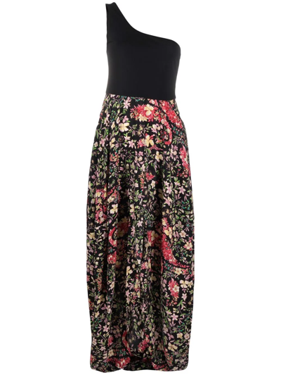 Etro One-shoulder Jersey And Floral-print Silk Crepe De Chine Dress In Black