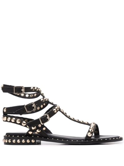 Ash Play Buckle Studded Leather Sandals In Black