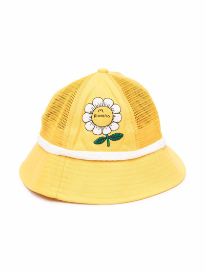 Mini Rodini Kids' Embroidered Cotton And Mesh Bucket Hat In Yellow