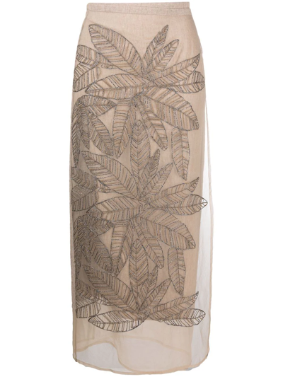 Brunello Cucinelli Linen Maxi Wrap Skirt W/ Embroidered Silk Overlay In C038 Sand