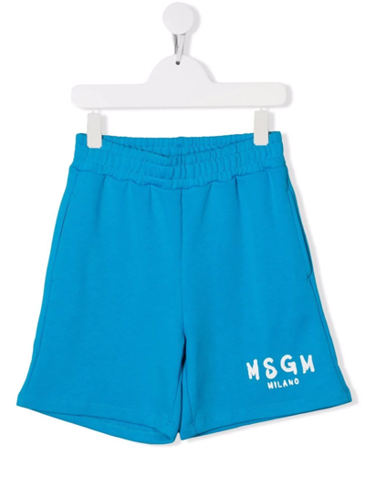 Msgm Kids' Logo-print Track Shorts In Blue