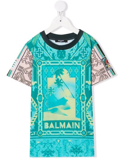 Balmain Kids' Graphic-print Logo T-shirt In Blue