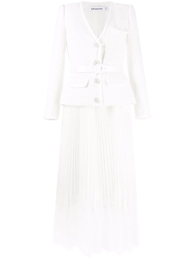 Self-portrait Bouclé Layered Pleated Dress In Neutrals