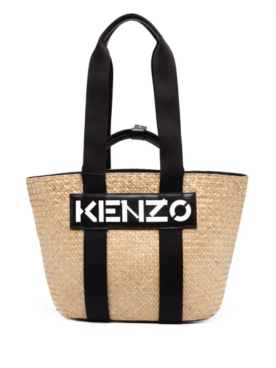 Kenzo Logo Patch Raffia Tote Bag In Noir