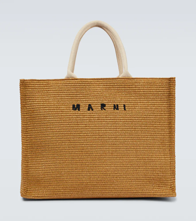 Marni Logo-embroidered Raffia Tote In Beige