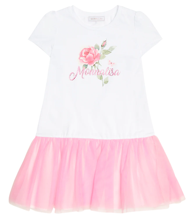 Monnalisa Kids' Embellished Jersey Dress In White + Rosa Fairytale