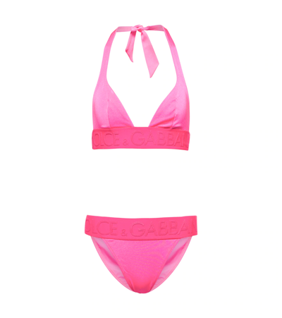 Dolce & Gabbana Halterneck Logo-band Bikini In Pink