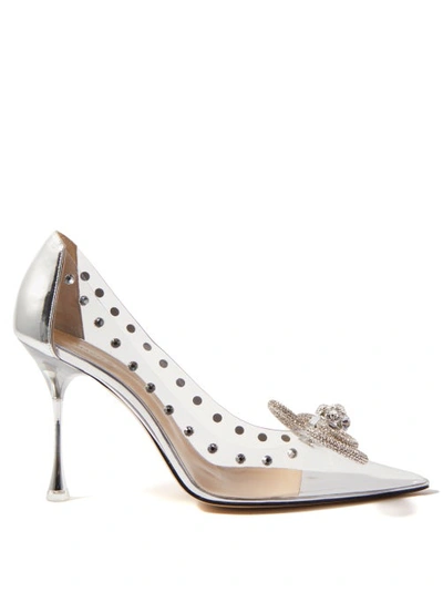 Mach & Mach Double Bow Crystal-embellished Pvc And Metallic Leather Point-toe Pumps In Neutrals