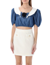 ALESSANDRA RICH COTTON CHAMBRAY CROPPED TOP WITH BOW