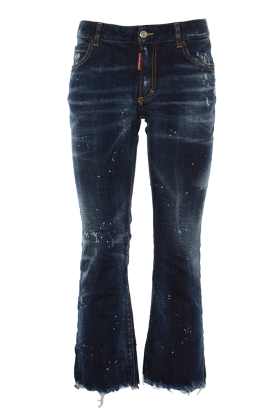 Dsquared2 Bell Bottom Denim Crop Distressed Jeans In Navy Blue