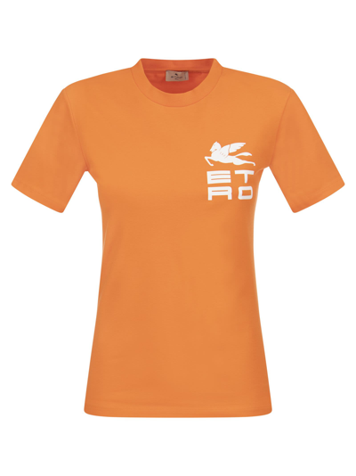 Etro Lotus T-shirt With  Cube Logo In Orange