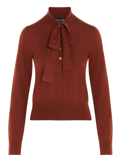 Dolce & Gabbana Pussy Bow Virgin Wool Sweater In Orange