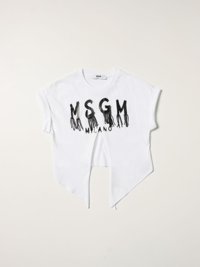 Msgm Kids'  T-shirt With Fringed Logo In White
