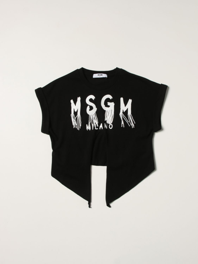 Msgm Kids'  T-shirt With Fringed Logo In Black