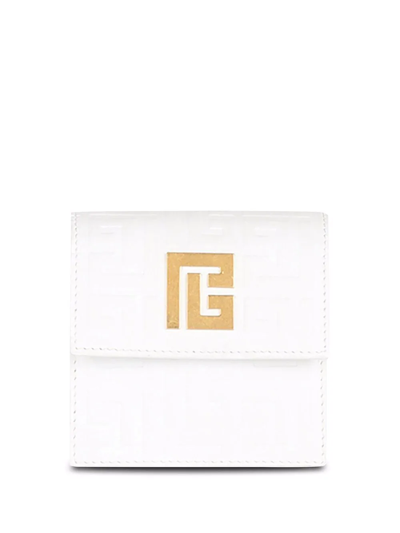 Balmain Debossed Leather Chain Card Holder With Monogram In Blanc