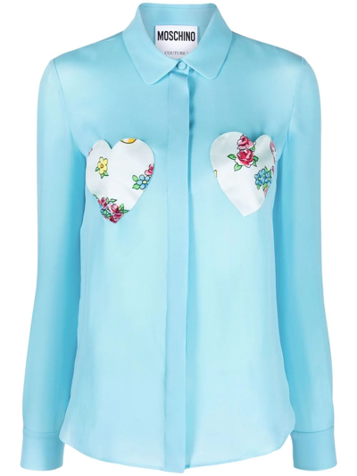 Moschino Heart-patches Silk Blouse In Blue