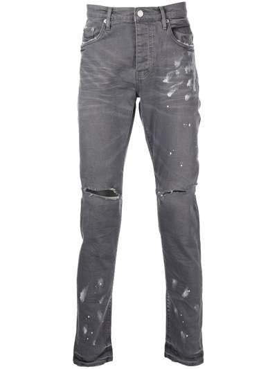 Purple Brand Distressed Paint-splatter Slim Fit Jeans In Grey
