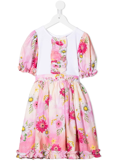 Patachou Kids' Floral-print Panelled Smock Dress In Pink