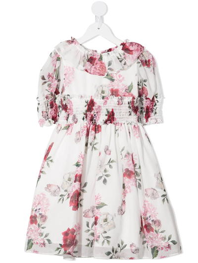 Patachou Kids' Floral-print Shirred Smock Dress In White