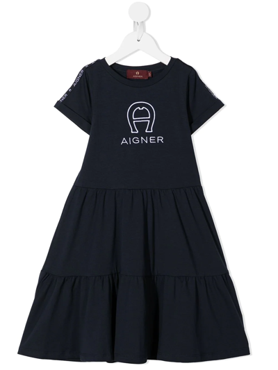 Aigner Kids' Logo刺绣弹性缩褶连衣裙 In Blue