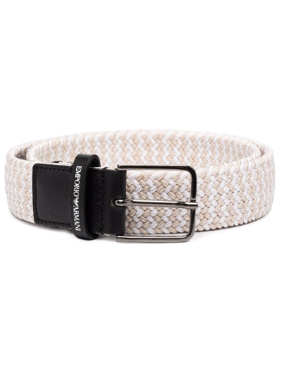 Emporio Armani Woven Fabric Belt With Chevron Motif In Beige