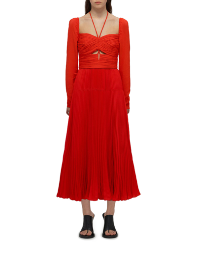 Self-portrait Cutout Pleated Crepe Halterneck Midi Dress In Red