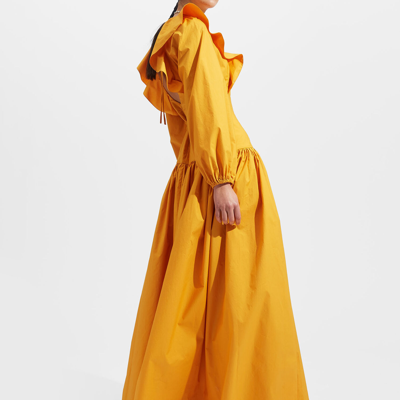 La Doublej Abito Della Vita Open-back Ruffled Gathered Cotton-poplin Maxi Dress In Marigold