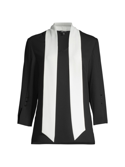 Misook Contrast Tie V-neck Crepe De Chine Blouse In Blue