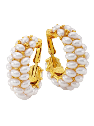 Kenneth Jay Lane Gold-plated Faux Pearl Cabochon Clip-on Hoop Earrings In White