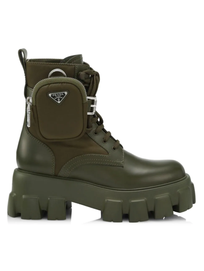 Prada Women's Monolith Leather & Nylon Lug-sole Combat Boots In Military Green