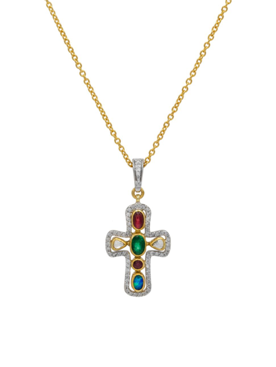 Gurhan 18k White Gold, 22k Yellow Gold, & 24k Yellow Gold & Multi-gemstone Cross Pendant Necklace
