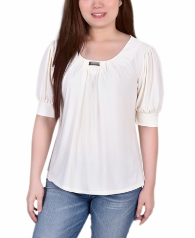 Ny Collection Women's Short Balloon Sleeve Top With Hardware In White