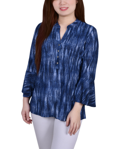 Ny Collection Petites Womens Printed Y-neck Blouse In Blue