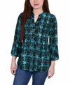 Ny Collection Petite Size Long Sleeve Jacquard Knit Y-neck Top In Teal Plaid