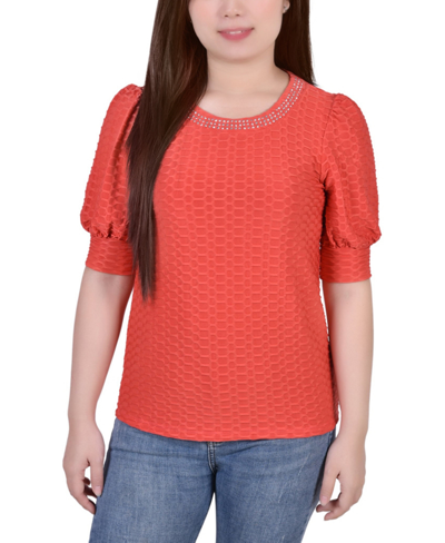 Ny Collection Petite Puff Sleeve Honeycomb Knit Top In Orange