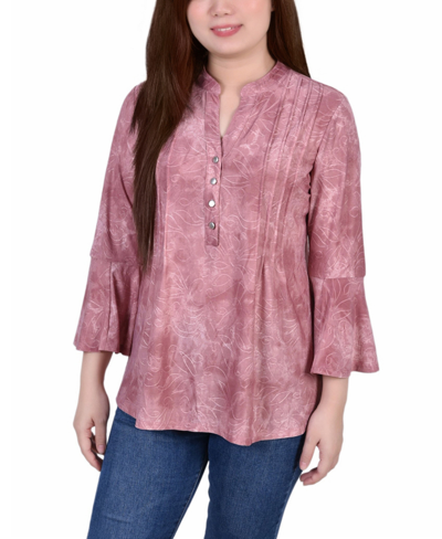 Ny Collection Petite 3/4 Bell Sleeve Printed Pleat Front Y-neck Top In Mauve Tie Dye