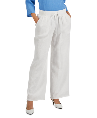 Jm Collection Petite Cotton Gauze Wide-leg Pants, Created For Macy's In Bight White