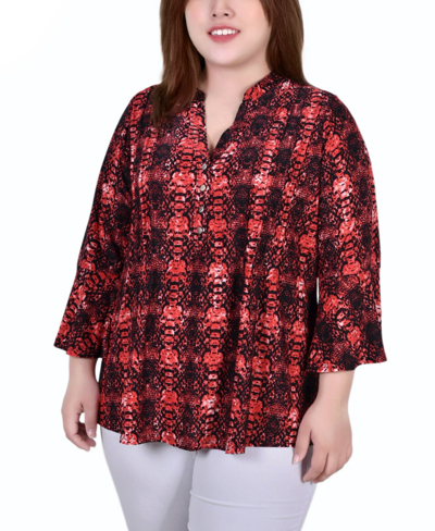 Ny Collection Plus Size Pleat Front Y-neck Top In Berry Plaid
