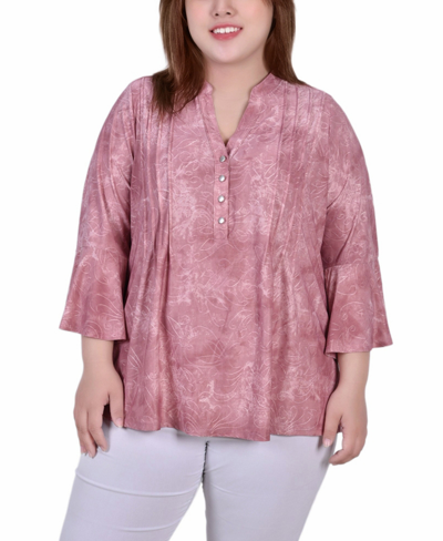 Ny Collection Plus Size Pleat Front Y-neck Top In Mauve Tie Dye