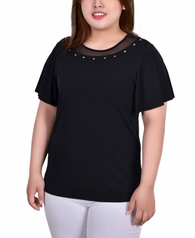 Ny Collection Plus Size Short Sleeve Knit Top With Sheer Inset In Black