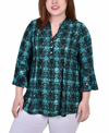Ny Collection Petite Size Long Sleeve Jacquard Knit Y-neck Top In Teal Plaid