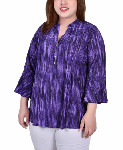 Ny Collection Plus Size Pleat Front Y-neck Top In Purple Stripe