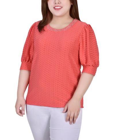 Ny Collection Plus Size Short Puff Sleeve Honeycomb Top In Coral
