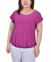 Ny Collection Petite Size Short Flutter Sleeve Top With Studded Neckline In Magenta
