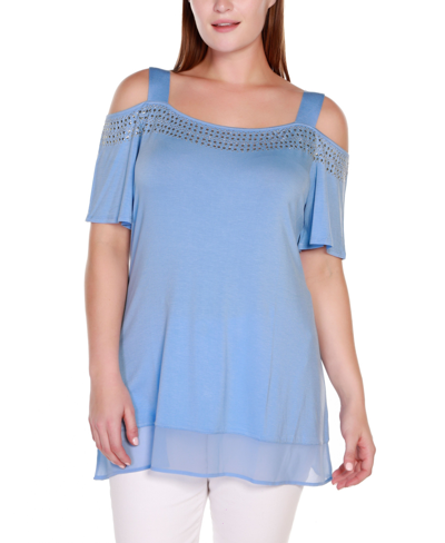Belldini Petite Size Embellished Cold-shoulder Top In Bluebell
