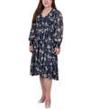 Ny Collection Women's Long Sleeve Clip Dot Chiffon Dress With Smocked Waist And Cuffs Dress In Navy Floral
