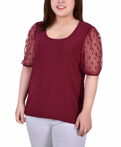 Ny Collection Plus Size Elbow Sleeve Crepe Top With Mesh Dotted Sleeves In Burgundy