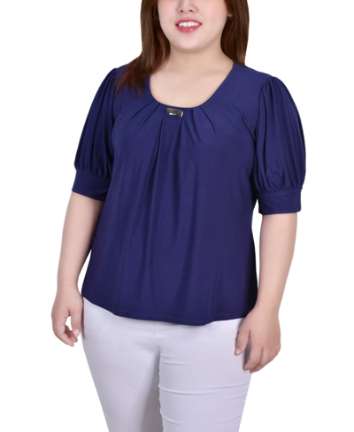 Ny Collection Plus Size Short Sleeve Balloon Sleeve Top With Hardware In Navy