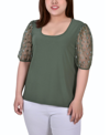 Ny Collection Plus Size Elbow Sleeve Crepe Top With Mesh Dotted Sleeves In Bronze Green