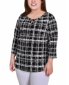 Ny Collection Plus Size 3/4 Sleeve Grommet Top In Jettraceplaid